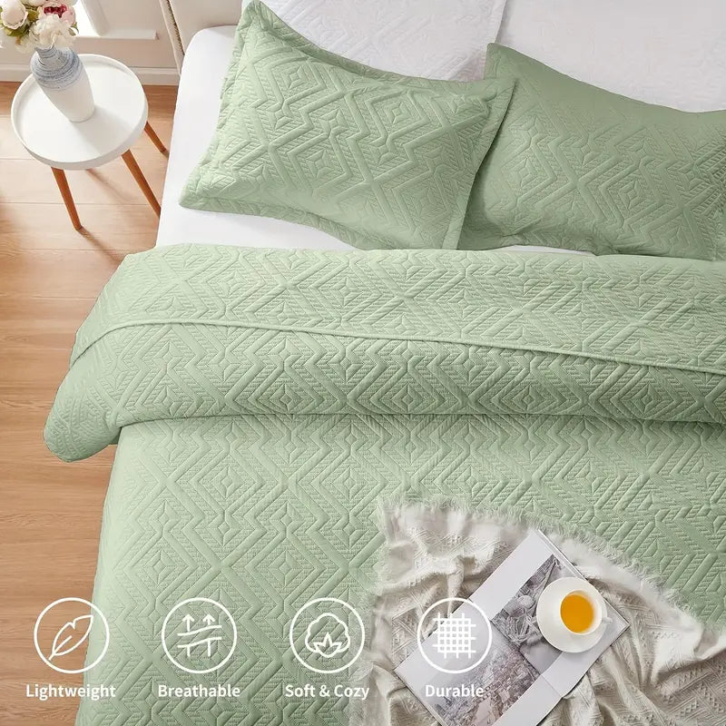 Grass Green Microfiber 3-Piece 150GSM Bedspread Set - Queen Size