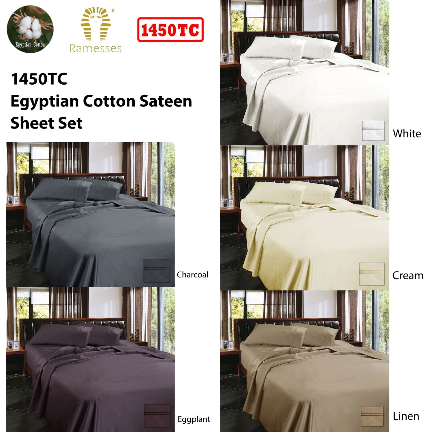 Ramesses 1450TC Egyptian Cotton Sateen Sheet Set Eggplant Queen-1