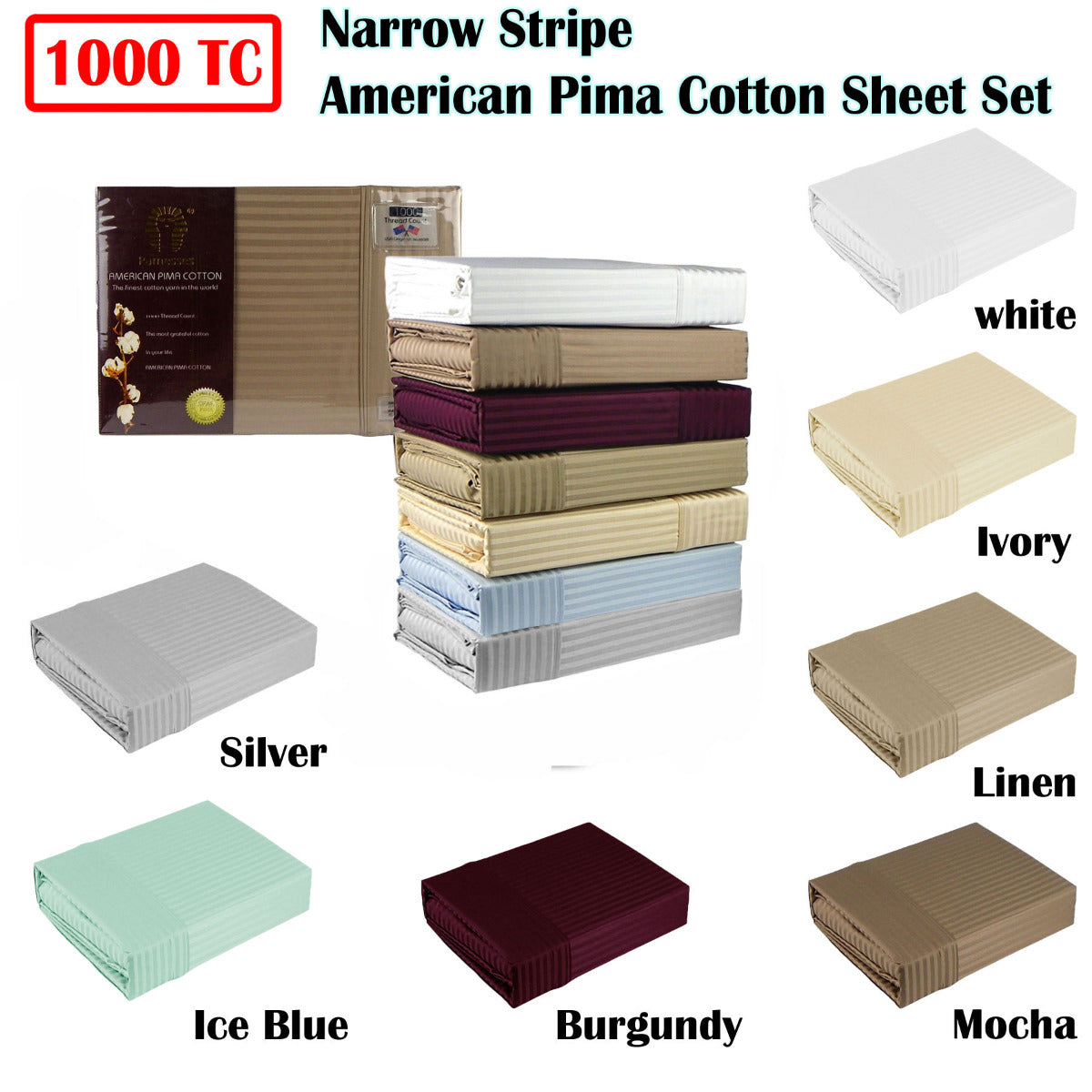 Ramesses 1000TC American Pima Cotton Narrow Stripe Sheet Set Ice Blue Queen-1