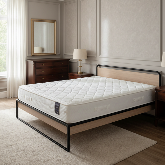 Uncovered, Ultra Firm King Sized Mattress on a dark wood bed frame in a sunlit, classic-style bedroom