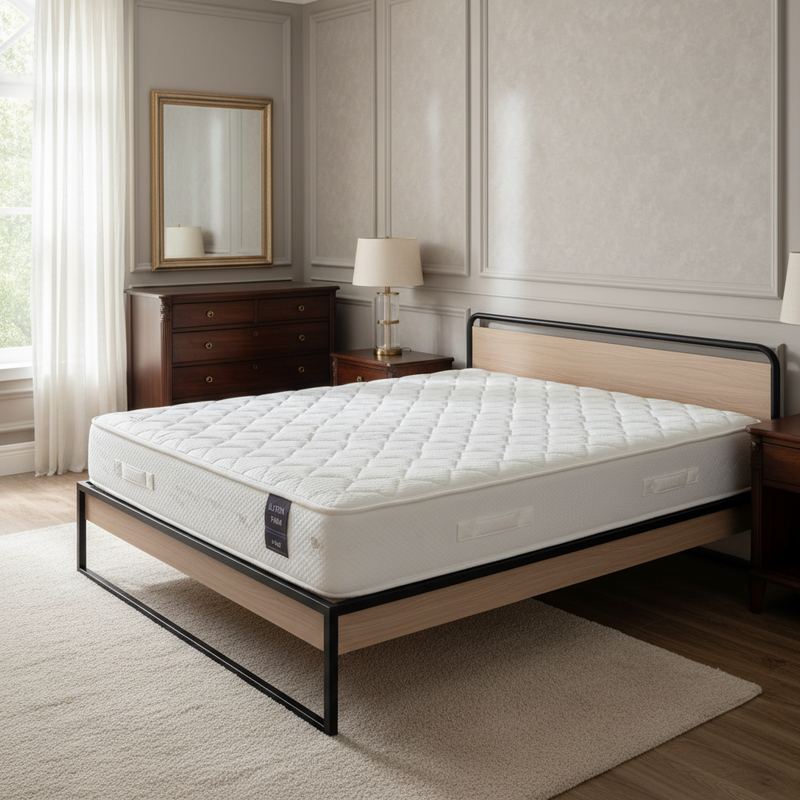 Uncovered, Ultra Firm King Sized Mattress on a dark wood bed frame in a sunlit, classic-style bedroom