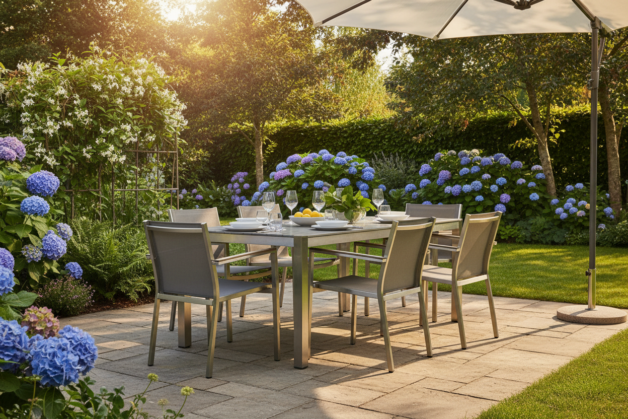 a modern aluminium outdoor dining set in a sunny garden