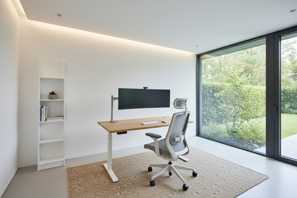 A wide-angle photo of a modern home office with minimalistic home office furniture, including a standing desk, ergonomic chair, and plenty of natural light.