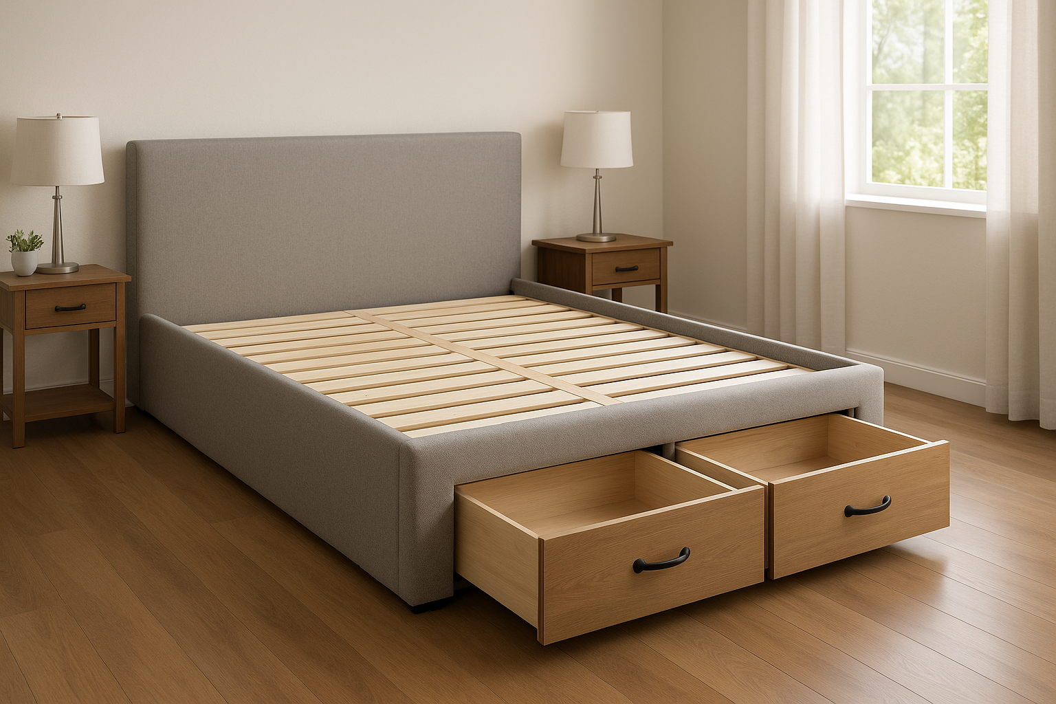 stylish and sturdy slat bed base with bed head and storage