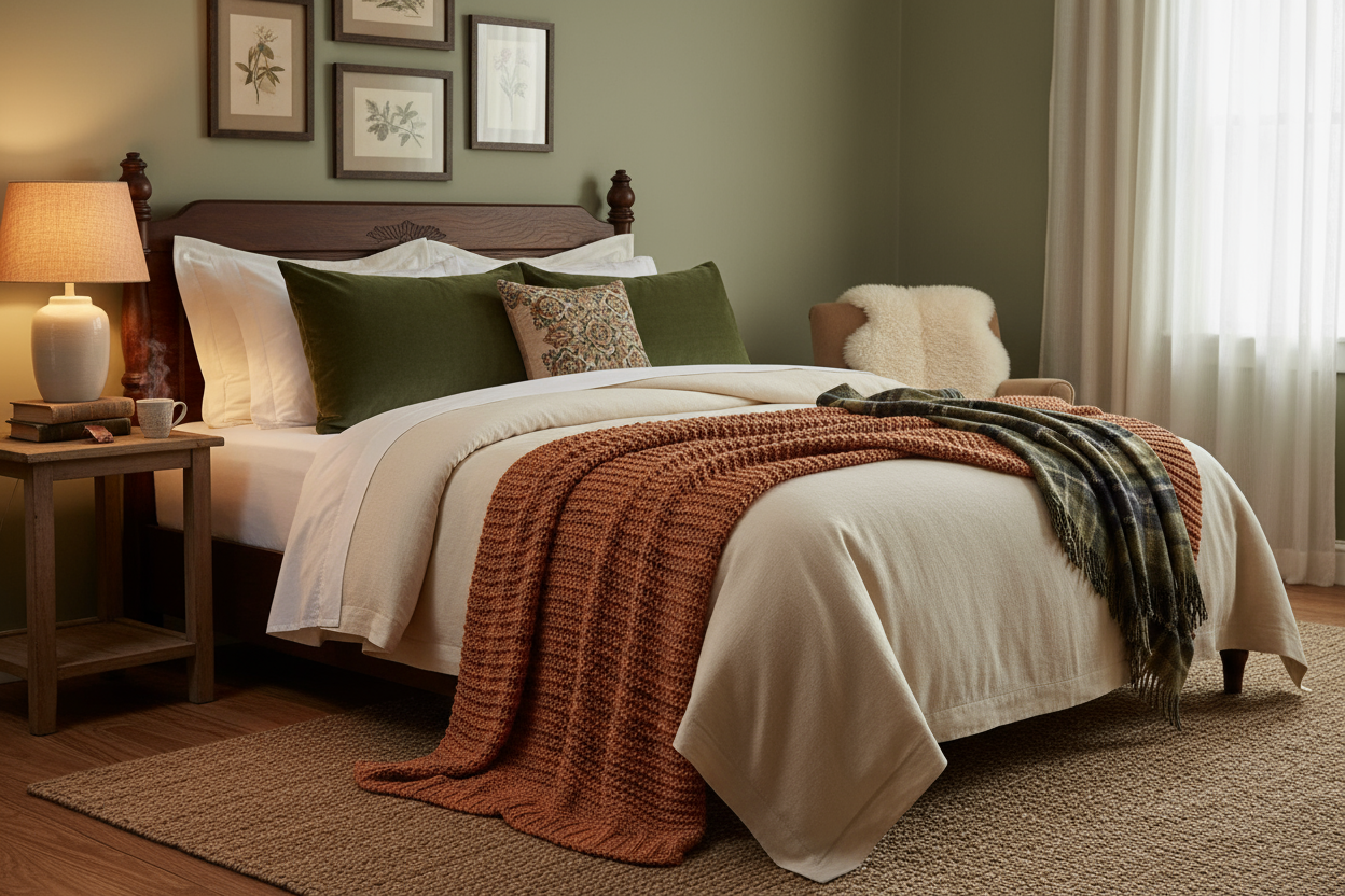 Queen Bed Presented with Pillows, Cover and Blanket