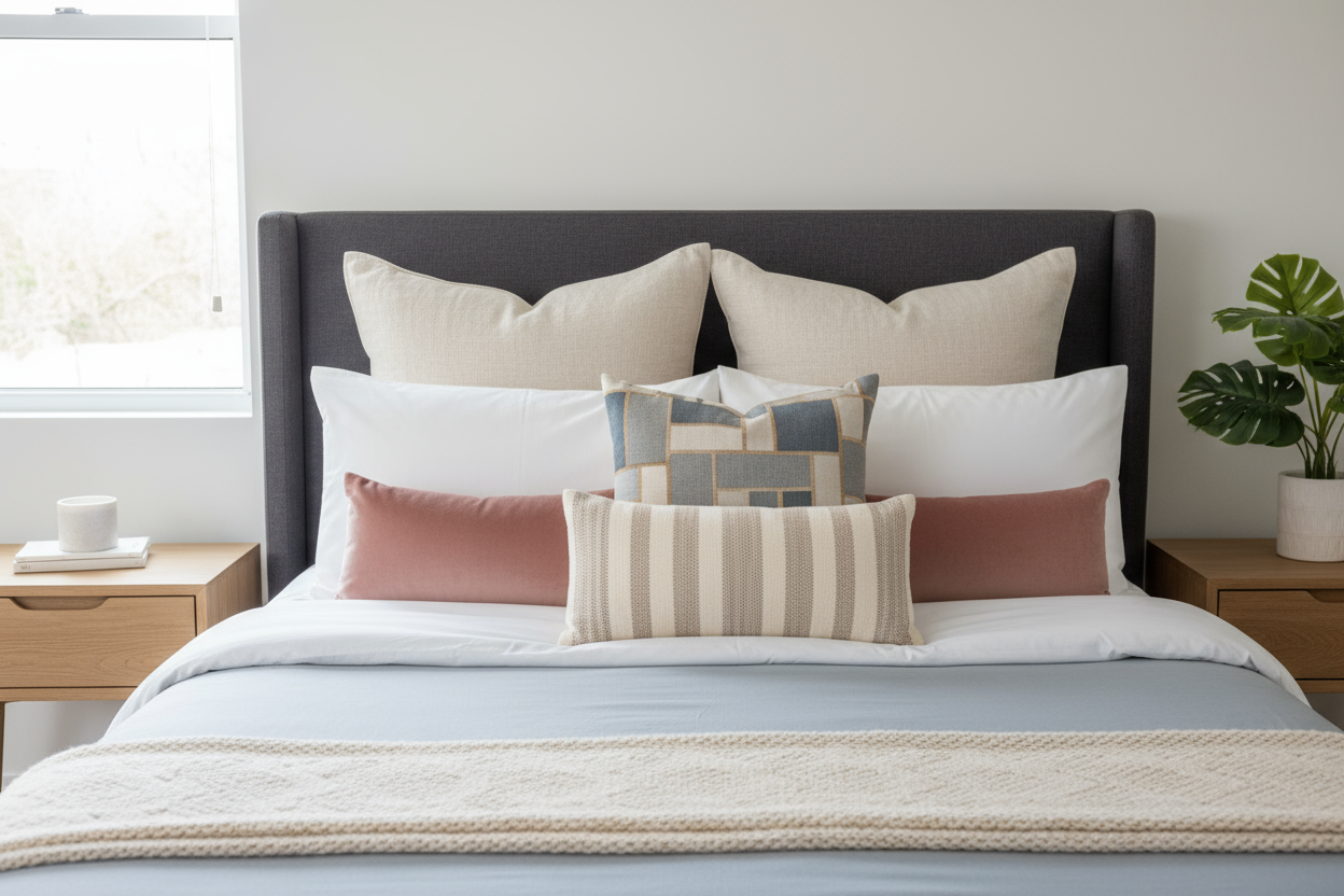 Modern Bedroom with Queen Bed with Pillows and Cushions