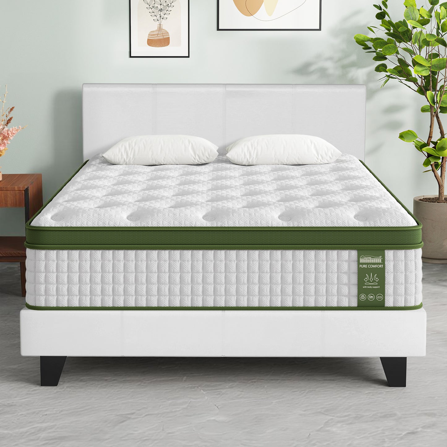 Artiss BedStory Queen Bed Frame Set with Hybrid Mattress and Leather Frame Medium White