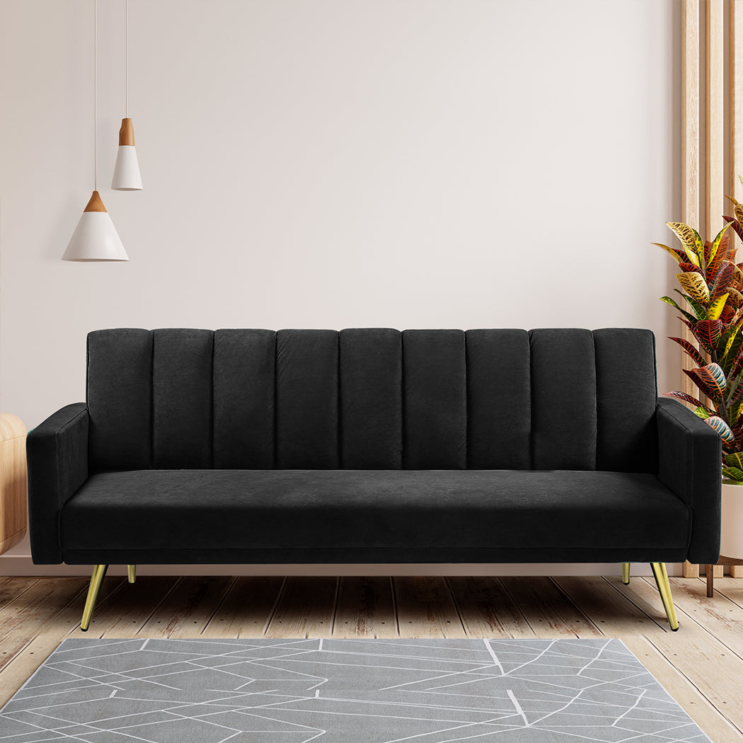 Levede Sofa Bed Convertible Velvet Lounge Recliner Couch Sleeper 3 Seater Black-2018816938825879558