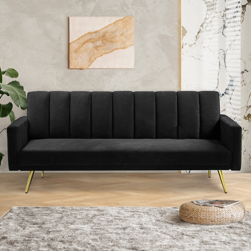 Levede Sofa Bed Convertible Velvet Lounge Recliner Couch Sleeper 3 Seater Black-2018816938825879559