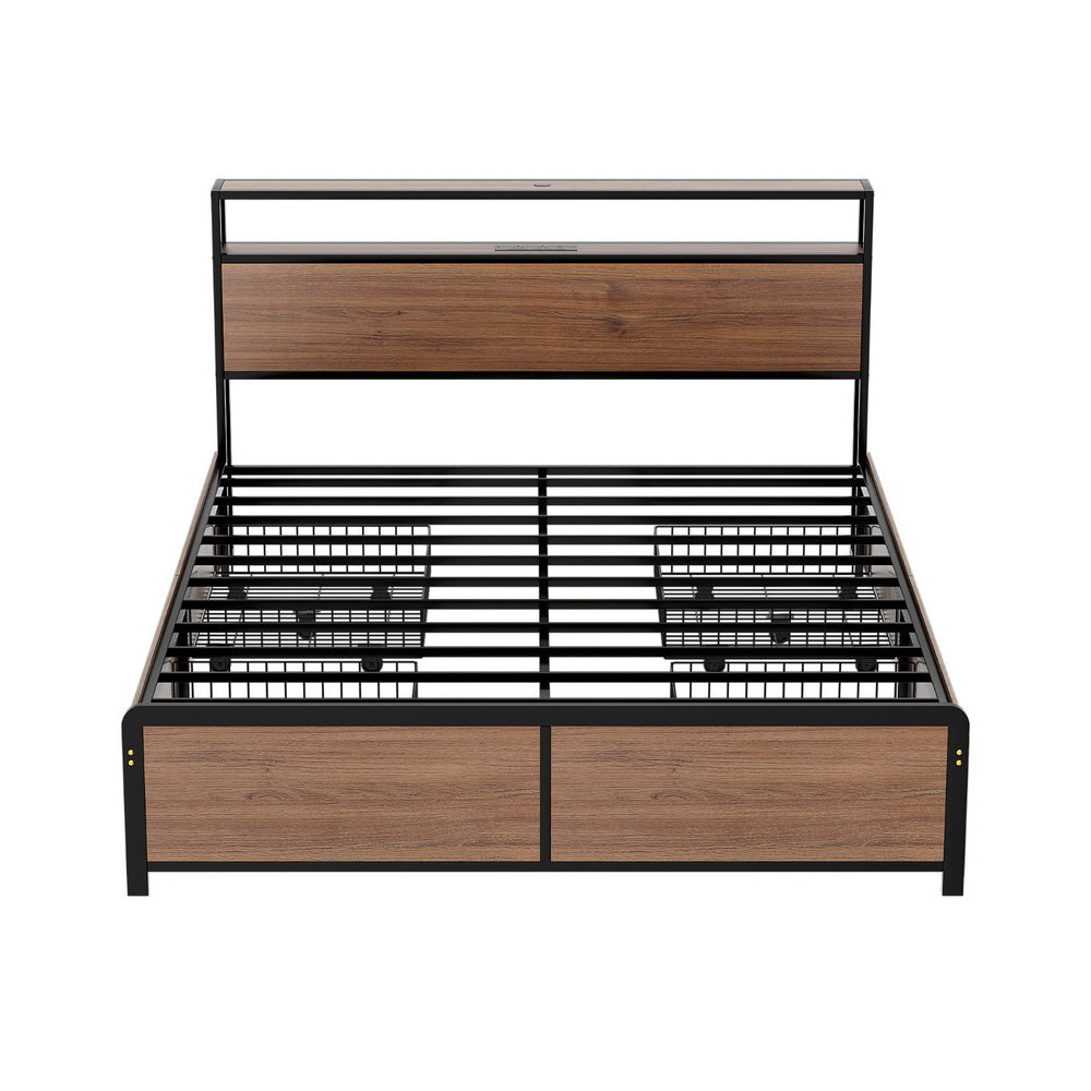 Artiss Metal Bed Frame Queen Size with 2-Tier Storage Headboard Metal Platform with 4 Storage Drawers Built in Charging Station & LED Noise-Free/Metal Support/No Box Spring Needed Vintage Brown