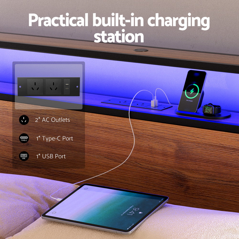 Artiss Metal Bed Frame Queen Size with 2-Tier Storage Headboard Metal Platform with 4 Storage Drawers Built in Charging Station & LED Noise-Free/Metal Support/No Box Spring Needed Vintage Brown