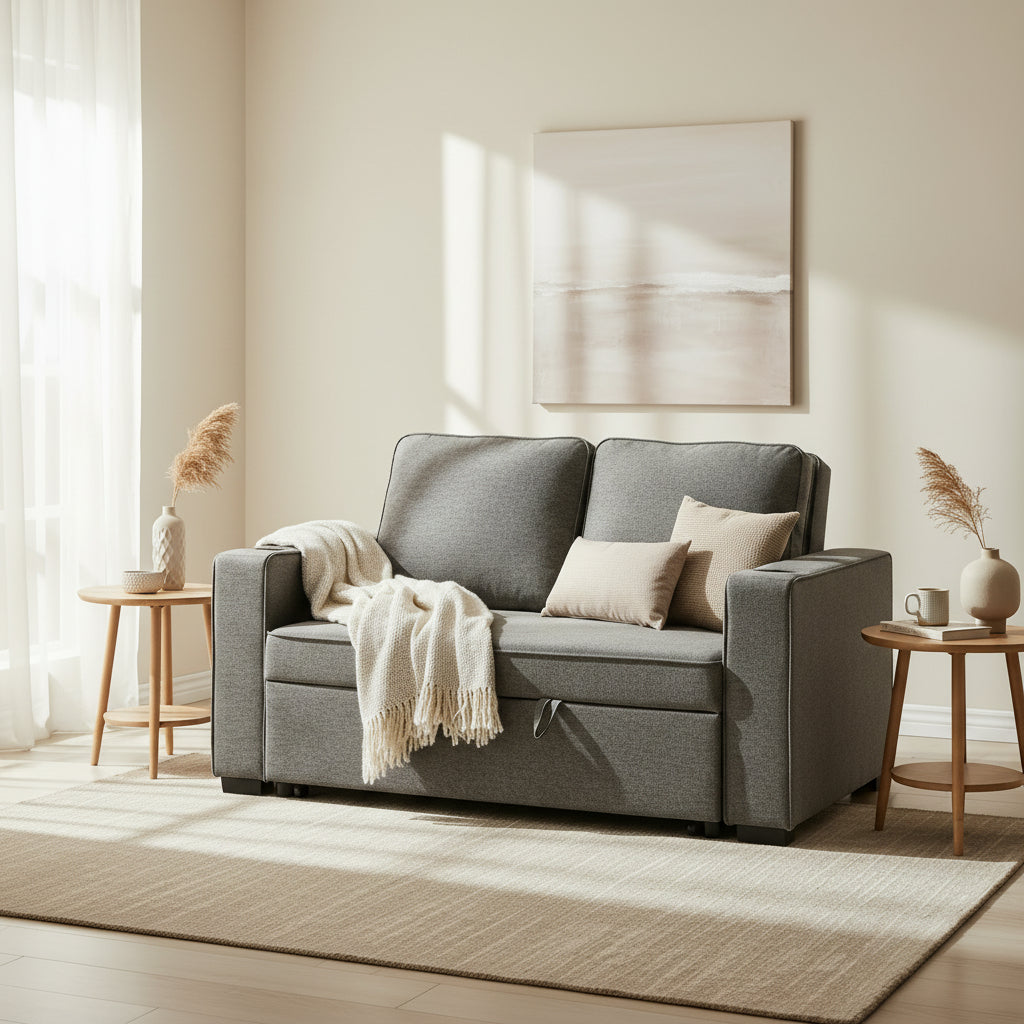 Gray sofa bed in a modern living room with warm colours