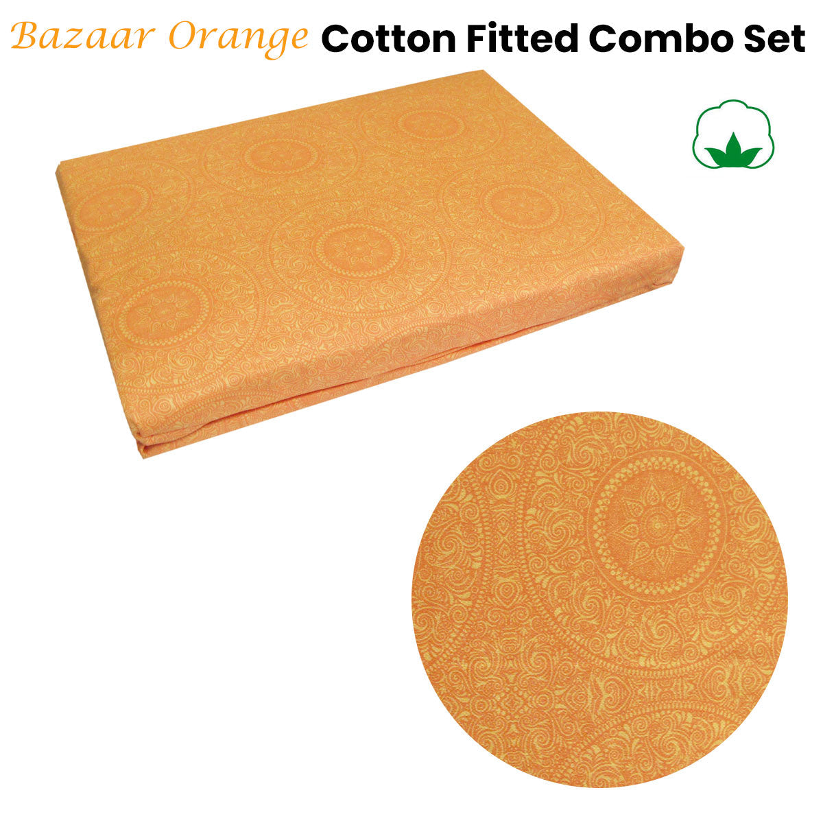 Bazaar Orange Cotton Fitted Combo Set Double-1