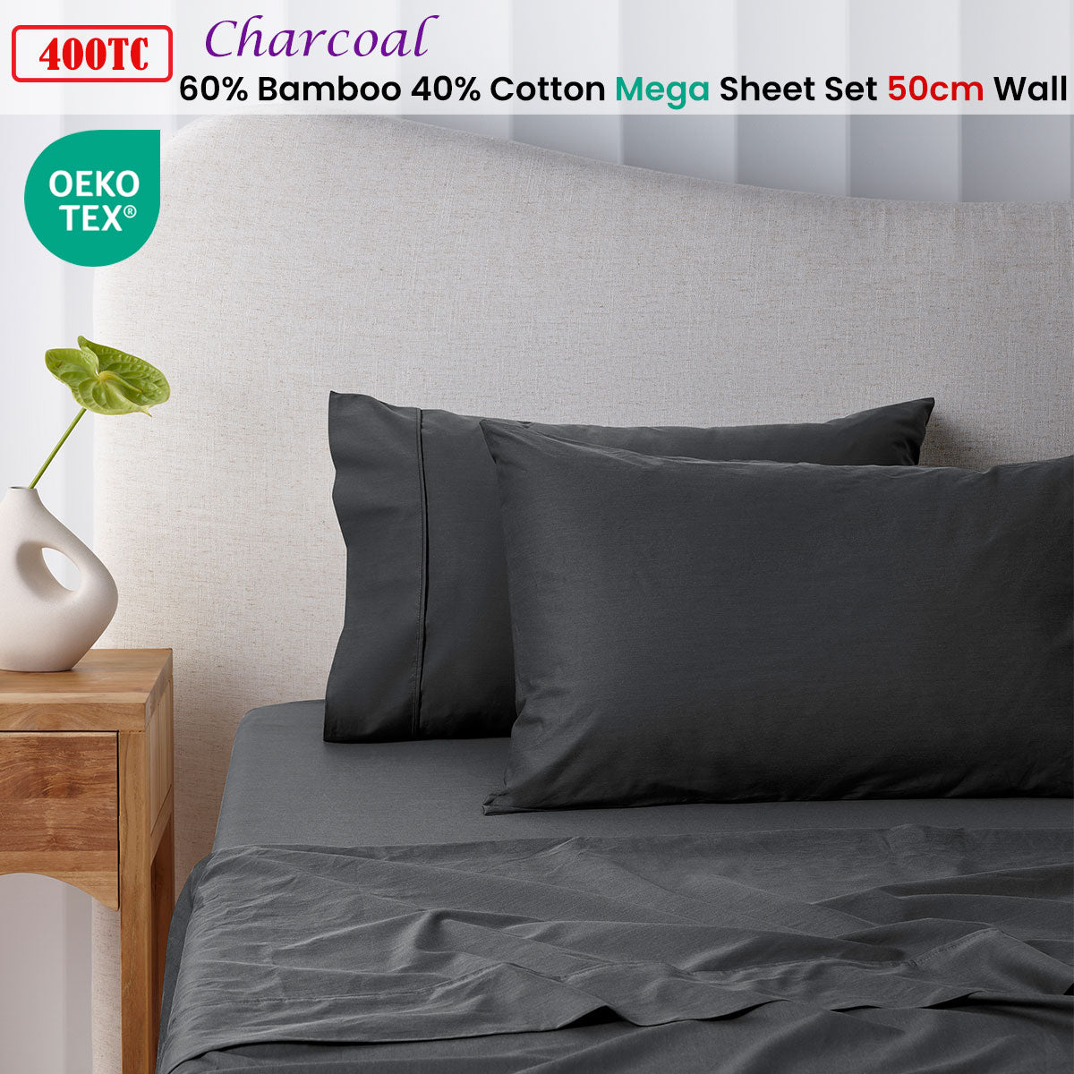 Accessorize 400TC Charcoal Bamboo Cotton Mega / Super Sheet Set 50cm Wall Queen-1