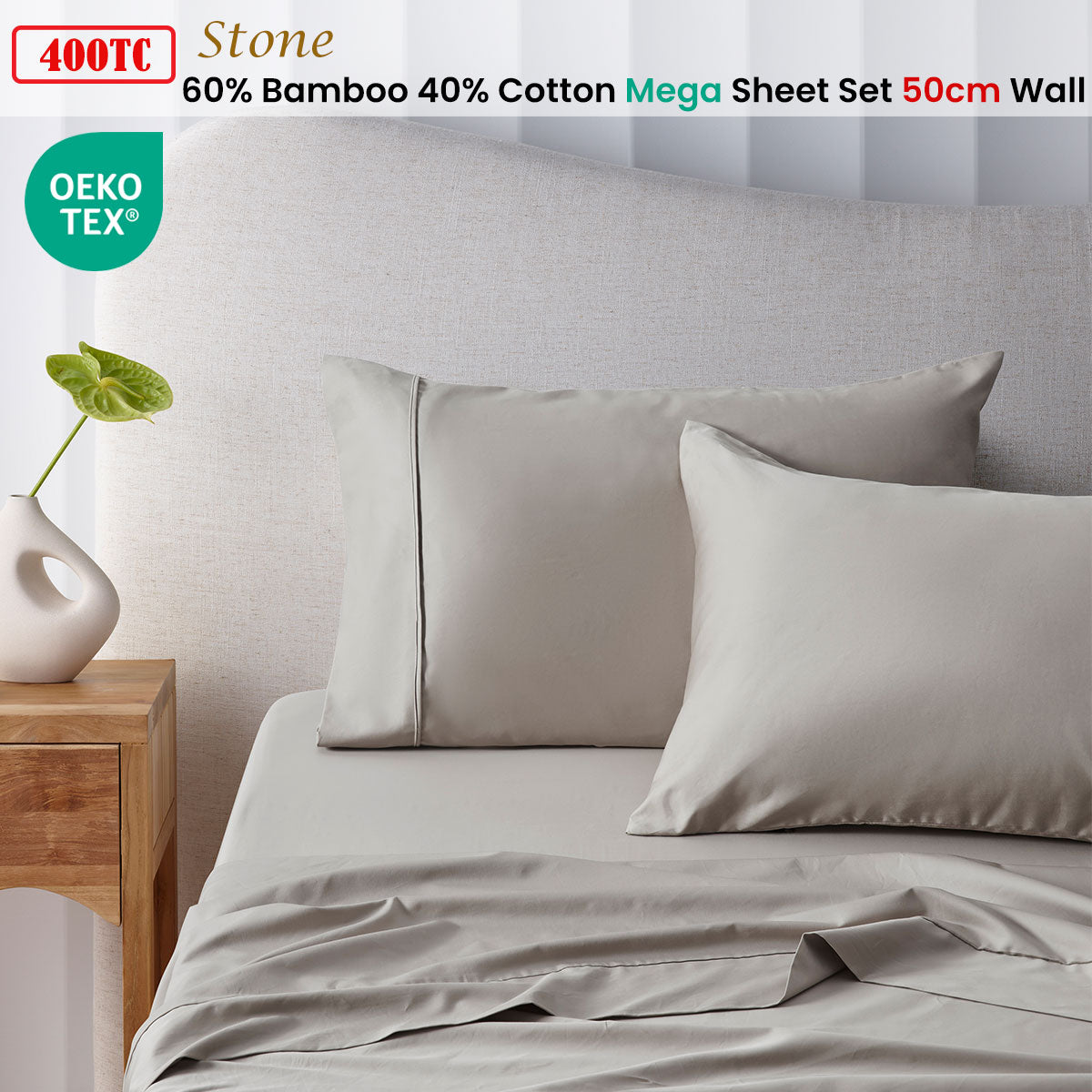 Accessorize 400TC Stone Bamboo Cotton Mega / Super Sheet Set 50cm Wall Queen-1
