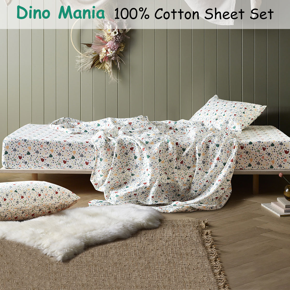 Happy Kids Dino Mania Green Cotton Sheet Set Double-1