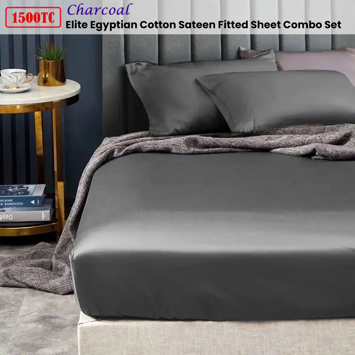 Ramesses 1500TC Elite Egyptian Cotton Sateen Fitted Sheet Combo Set Charcoal Mega Queen-1