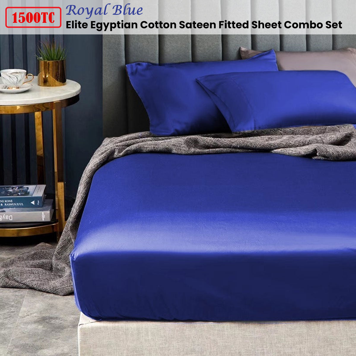 Ramesses 1500TC Elite Egyptian Cotton Sateen Fitted Sheet Combo Set Royal Blue Double-1