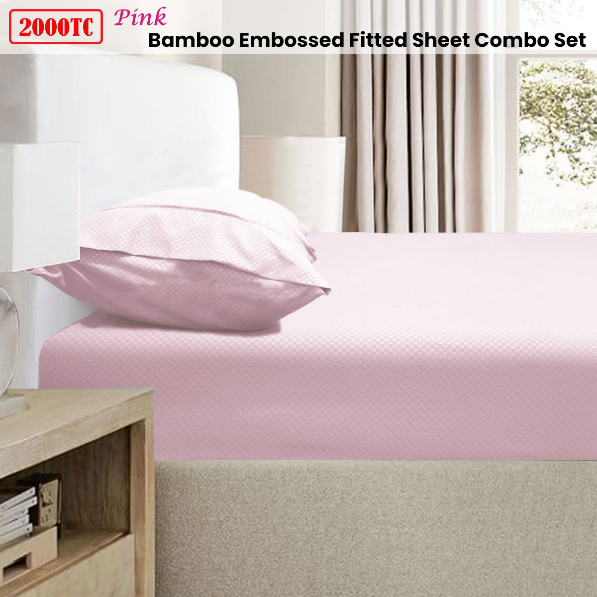 Ramesses 2000TC Bamboo Embossed Fitted Sheet Combo Set Pink King-1