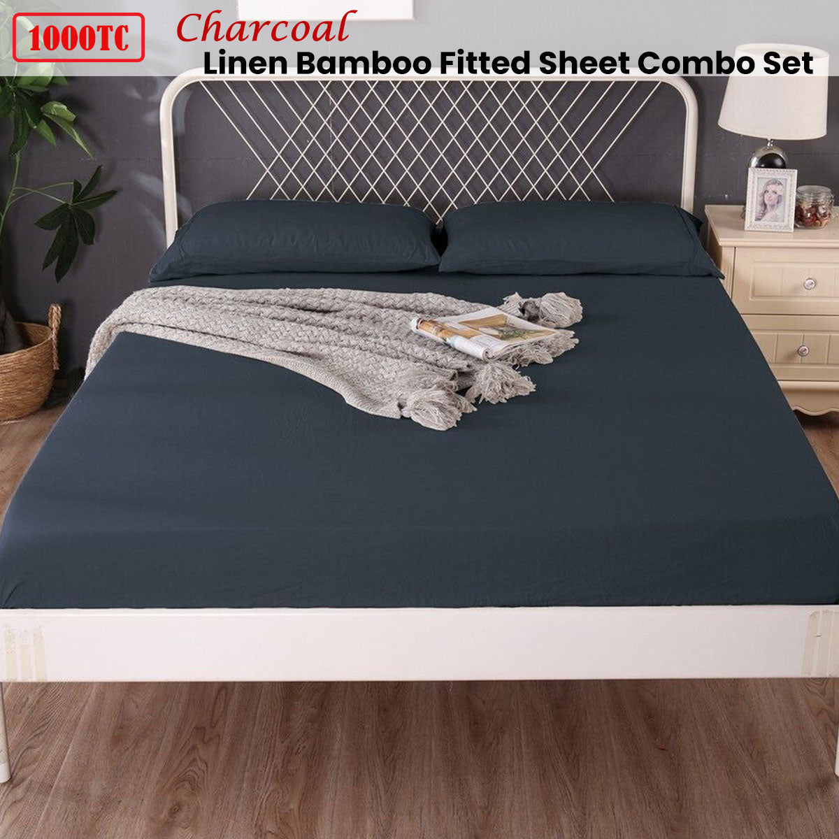 Ramesses 1000TC Linen Bamboo Fitted Sheet Combo Set Charcoal Single-1
