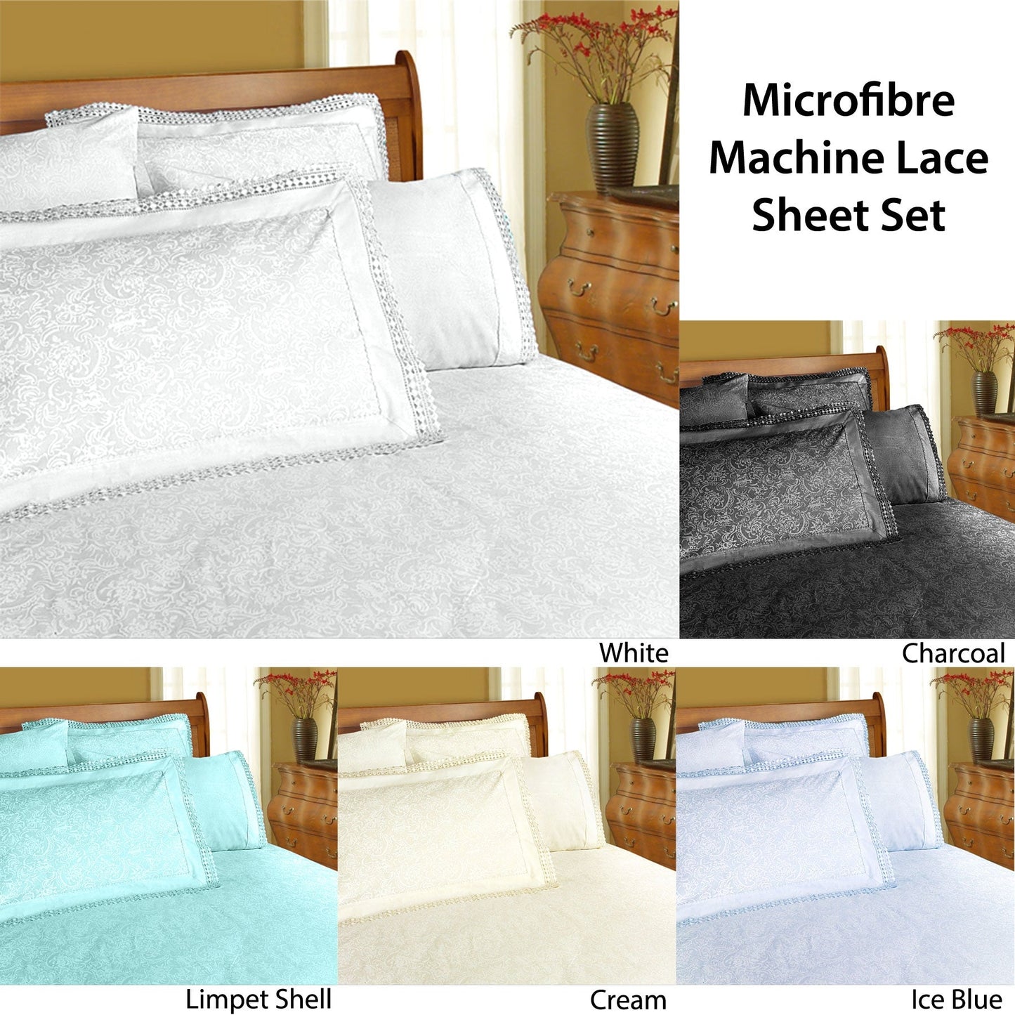 Shangri La Microfibre Machine Lace Sheet Set White King-1