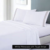 soft microfibre embroidered stripe sheet set double white sheet taupe stripe-0