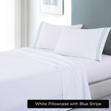 soft microfibre embroidered stripe sheet set king white pillowcase blue stripe-0