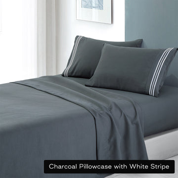 soft microfibre embroidered stripe sheet set king single charcoal pillowcase white stripe-0
