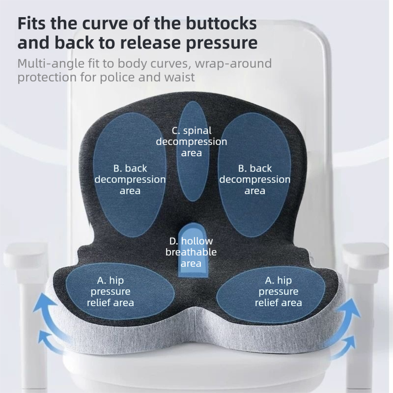 Grey Ergonomic Memory Foam Seat Cushion & Lumbar Support(44x42x32CM) - Relieves Sciatica & Corrects Posture with Breathable Cover