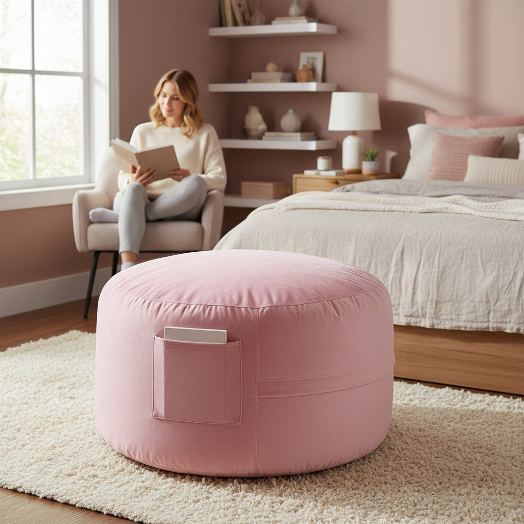 Pink round ottoman with a pocket on a white background