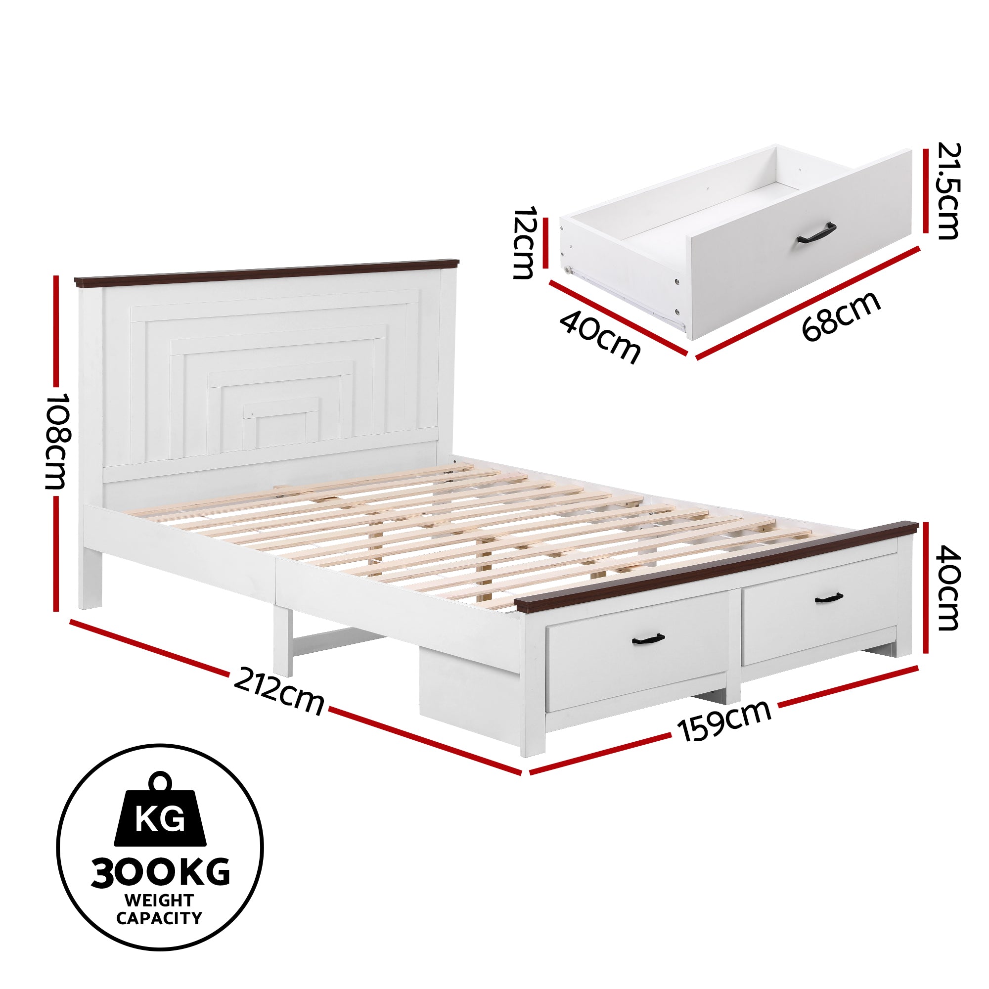 Artiss Queen Wooden Bed Frame with 2 Drawer Platform Bed with 108cm Solid High Headboard White Bed Base for Bedroom Easy Assembly