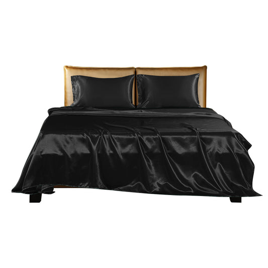 DreamZ Silky Satin Sheets Fitted Flat Queen Black-0