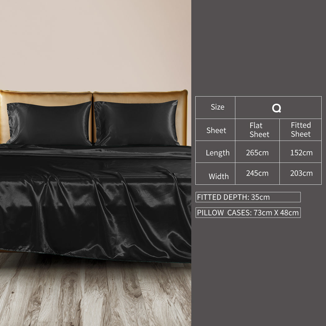 DreamZ Silky Satin Sheets Fitted Flat Queen Black-1